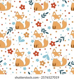 Seamless pattern with a cute foxes, flowers and leaves. 