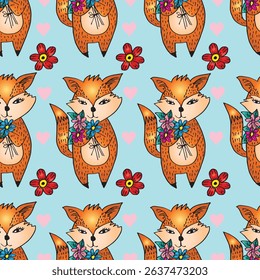 Seamless pattern with cute foxes and flowers. Vector illustration.
