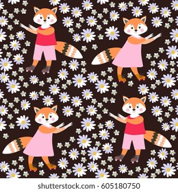 Seamless pattern with cute foxes and flowers. Vector illustration for children.