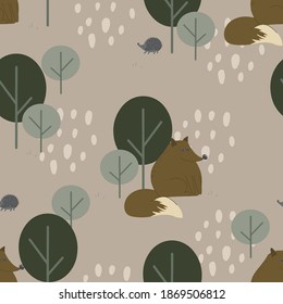 Seamless pattern with cute foxes in the forest. Decorative wallpaper for the nursery in the Scandinavian style. Vector. Suitable for children's clothing, interior design, packaging, printing.