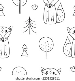 Nahtloses Muster mit süßen Füchsen im Wald. Vektorgrafik einzeln für Ihr Design.