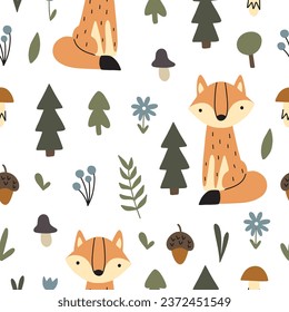 Seamless pattern with cute foxes in the forest. Autumn season with cute forest animal. Vector illustration for nursery and textile decoration