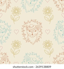 Seamless pattern with cute foxes and hearts. Vintage style..