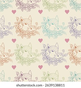 Seamless pattern with cute foxes and hearts. Vintage style..