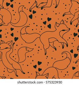 seamless pattern with cute foxes and hearts, orange and black colors, vector illustration
