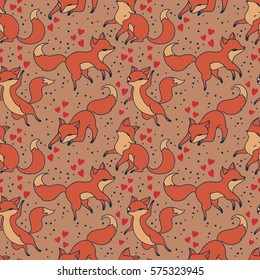 seamless pattern with cute foxes and hearts, autumn palette, vector illustration