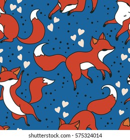 seamless pattern with cute foxes and hearts on blue backgrounds, vector illustration