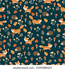 Seamless pattern with cute foxes and hedgehogs, mushrooms abd leaves. Children's pattern for clothes.