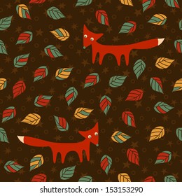  Seamless pattern with cute foxes, leaves and stars. Vector illustration. 