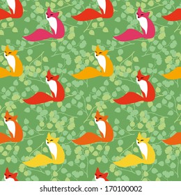 seamless pattern with cute foxes and leaves