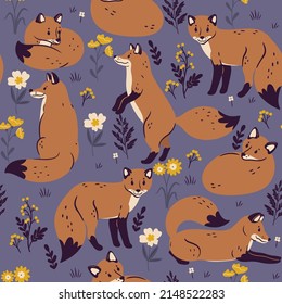 Seamless pattern with cute foxes in the meadow. Vector graphics.