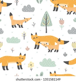 Seamless pattern with cute foxes - mother and baby. Great for fabric and textile design. Vector illustration
