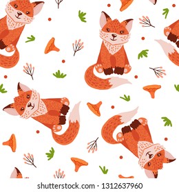 Seamless pattern with cute foxes and mushrooms isolated on white.Baby shower background.Nursery concept.Design element for fabric,textile, wallpaper,prints,scrapbooking or others.Vector illustra