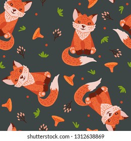 Seamless pattern with cute foxes and mushrooms isolated on gray background. Baby shower background. Nursery concept. Design element for fabric, textile, wallpaper, prints, scrapbooking or others. Vect