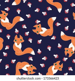 seamless pattern cute foxes with mushrooms