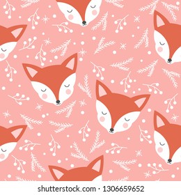 Seamless pattern with cute foxes on a pink background with twigs, balls and snowflakes.