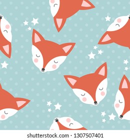 Seamless pattern with cute foxes on a blue background with stars.