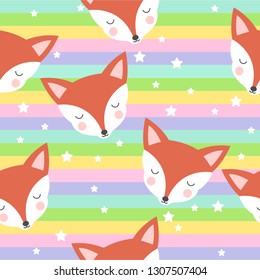 Seamless pattern with cute foxes on a rainbow background with stars.