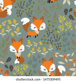 Seamless pattern with cute foxes on whimsical garden. Flat but cute illustration for children's print. 