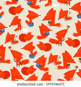 Seamless pattern with cute foxes on gray background
