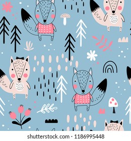 Seamless pattern with cute foxes in Scandinavian style. Vector funny illustration for children.