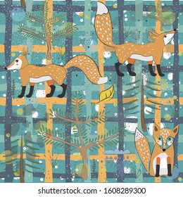 Seamless Pattern with cute Foxes. Scandinavian Style. Vector Illustration