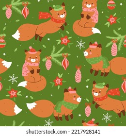 Seamless pattern with cute foxes in scarves and hats. Vector graphics.