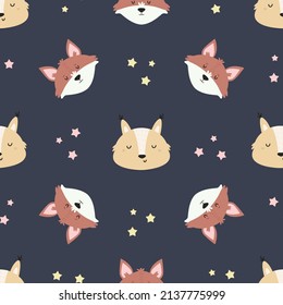 Seamless pattern with cute foxes and stars. Vector illustration for baby prints, wallpaper, wrapping paper