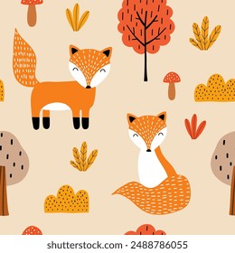 Seamless pattern with cute foxes, tree and autumn leaves, Scandinavian style. Baby texture for fabric, nursery decoration, textiles, apparel. Vector illustration