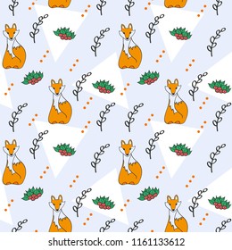 seamless pattern with cute foxes, twigs with berries on the background of a geometric pattern. Background in the style of cartoons, hand drawn illustration