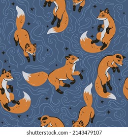 Seamless pattern with cute foxes. Vector graphics.