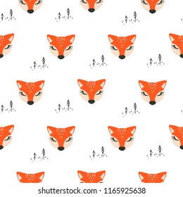 Seamless pattern with cute foxes white scandinavian style background.