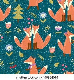 Seamless pattern with cute foxes in the woods. Vector forest texture in childish style great for fabric and textile, wallpapers, web page backgrounds, cards and banners design