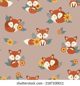 Seamless pattern with cute foxies and floral elements. Vector illustration.