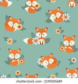 Seamless pattern with cute foxies and floral elements. Vector illustration.