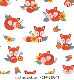 Seamless pattern with cute foxies and floral elements. Vector illustration.