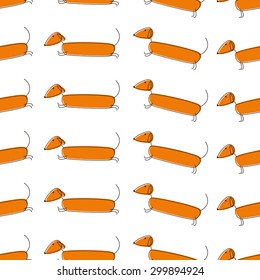 Seamless pattern with cute foxy colored jumping dachshunds with brown contour isolated on white background