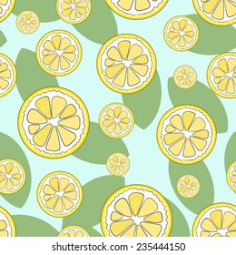 Seamless pattern with cute freehand lemons and big leaves on light blue background