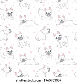 Seamless pattern with cute french bulldog on white background. Vector illustration.