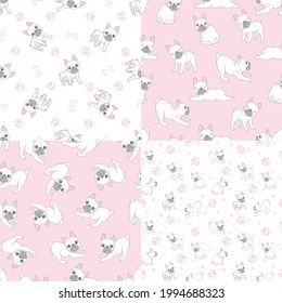 Seamless pattern with cute French bulldog on pink background. Vector illustration.