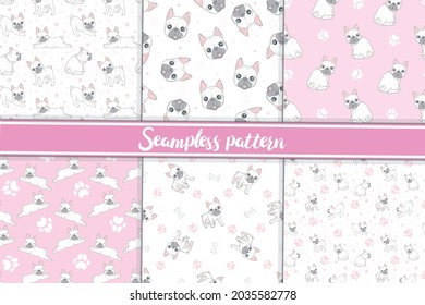 Seamless pattern with cute French bulldog on pink background. Vector illustration.