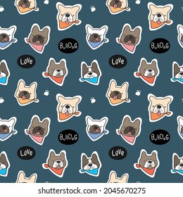 Seamless Pattern with Cute French Bulldog Face Design on Dark Blue Background