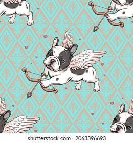 Seamless pattern with cute french bulldog puppy. Cupid illustration. Cute background