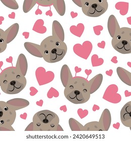 Seamless pattern of cute French bulldog heads with hearts for Valentine's Day