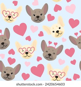 Seamless pattern of cute French bulldog heads with hearts for Valentine's Day on a blue background