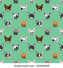 Seamless pattern with cute french bulldog on green background. Vector illustration.

