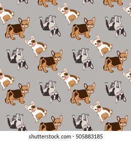 Seamless pattern with cute french bulldog on grey background. Vector illustration.