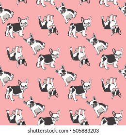 Seamless pattern with cute french bulldog on pink background. Vector illustration.