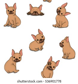 Seamless pattern with cute french bulldog on white background. Vector illustration.