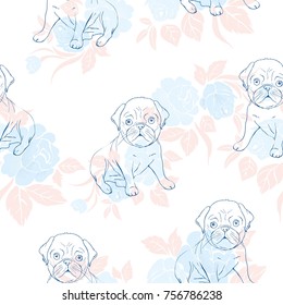 Seamless pattern with cute french bulldog on white background. Vector illustration.
